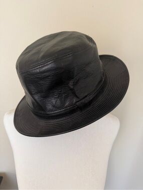 Vintage Agnes b Homme Paris Black Faux Leather Bucket Hat Made in France